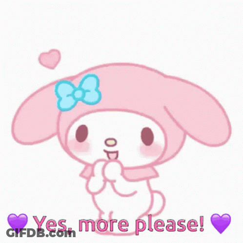 Pink Bunny With Blue Bow Surrounded By Hearts Saying Yes More Please GIF