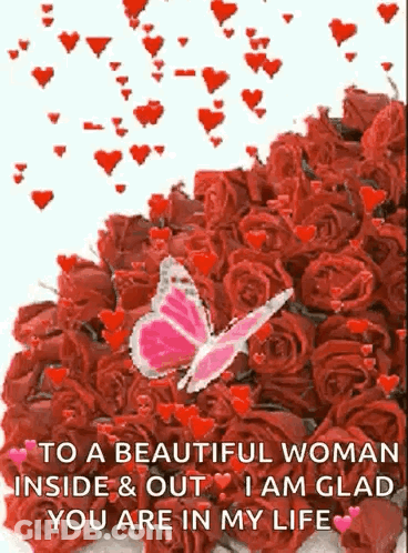 Pink Butterfly Flying Over Bouquet Of Red Roses GIF