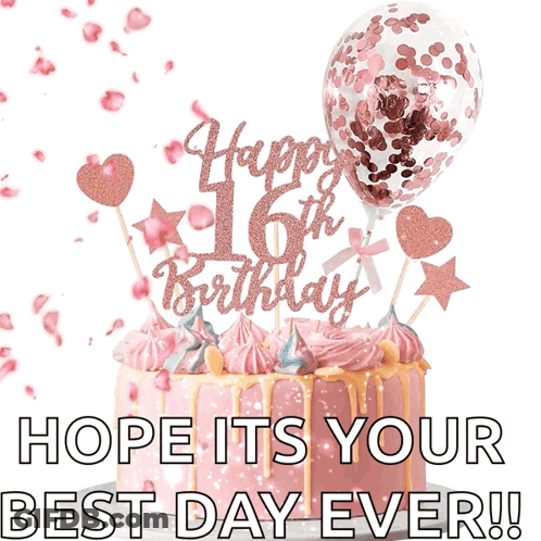 Pink Cake With Happy 16Th Birthday Topper GIF