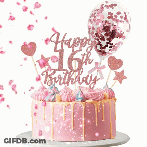 Pink Cake With Happy 16Th Birthday Topper GIF
