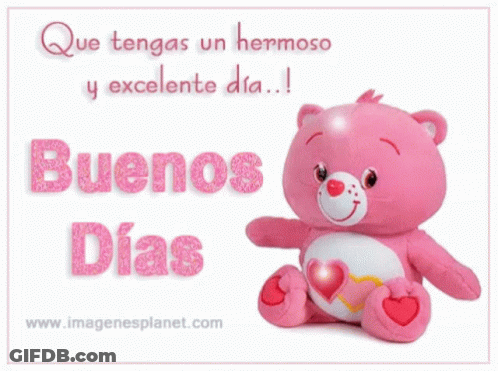 Pink Care Bear Saying Buenos Dias On Card GIF