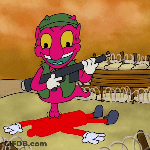 Pink Cartoon Character Holding Gun Next To Red Cartoon Character GIF