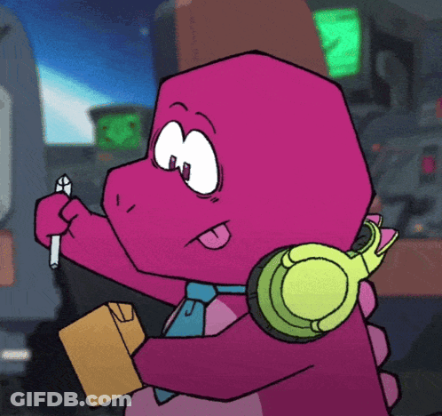 Pink Cartoon Character Holding Pen GIF