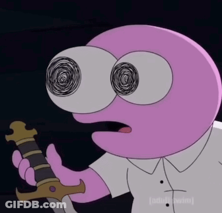 Pink Cartoon Character Holding Sword With Swirling Eye GIF