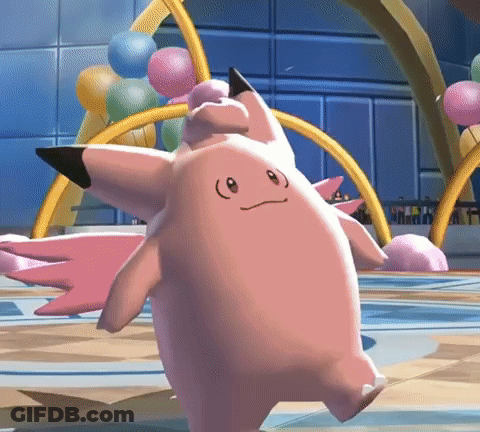 Pink Cartoon Character In Room With Balloons GIF