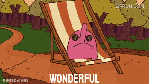 Pink Cartoon Character Sitting In Lawn Chair Saying Wonderful GIF