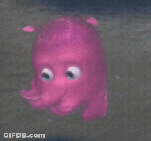 Pink Cartoon Character With Big Eyes Floating GIF