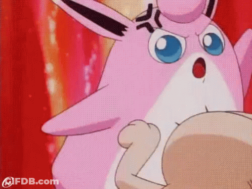Pink Cartoon Character With Blue Eyes Next To Person GIF