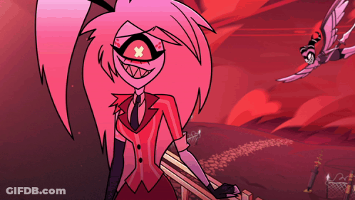 Pink Cartoon Character With Red Eyes And X On Face GIF