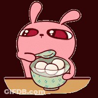 Pink Cartoon Rabbit Eating Bowl Of Food With Spoon GIF