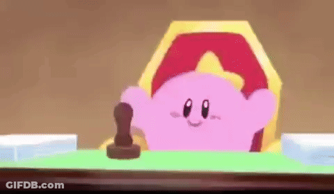 Pink Cartoon Sitting At Table With Stamp GIF