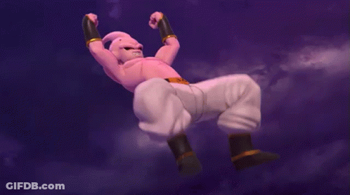 Pink Cartoon With Red Eyes Flexing Muscles GIF