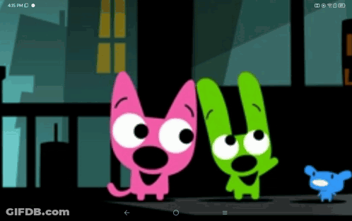 Pink Cat And Green Dog On Dark Street GIF