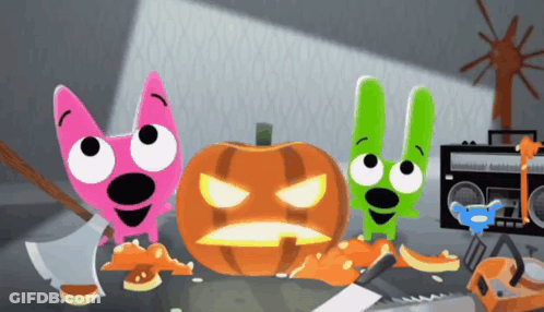 Pink Cat And Two Green Rabbits Decorating Pumpkins GIF