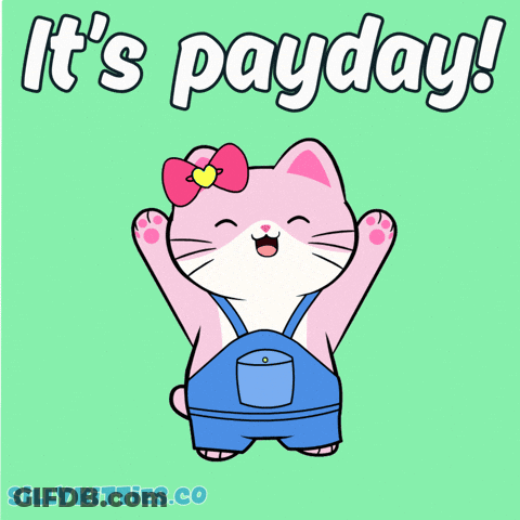 Pink Cat In Overalls Saying It's Payday GIF