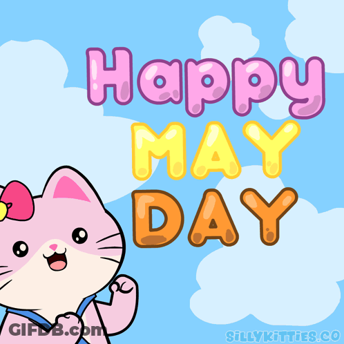Pink Cat With Bow Saying Happy May Day GIF
