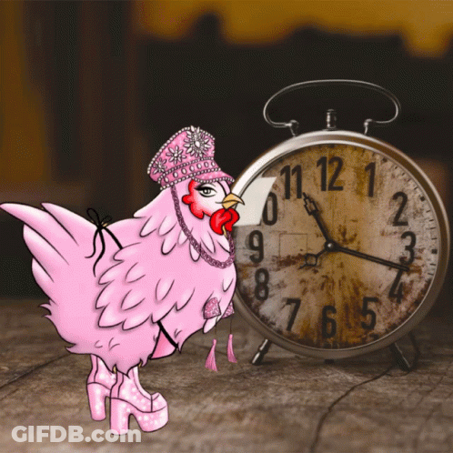 Pink Chicken Standing Next To Clock At 10:11 GIF