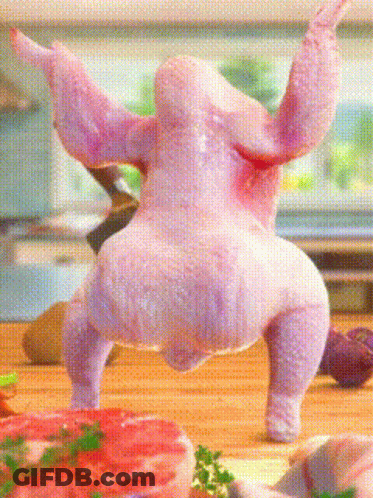 Pink Chicken Standing On Cutting Board GIF