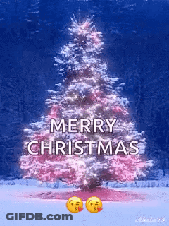 Pink Christmas Tree In Snow With Merry Christmas GIF