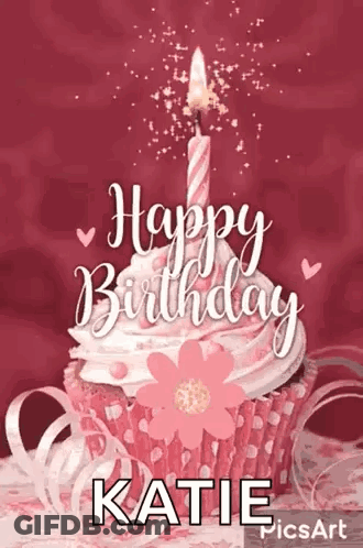 Pink Cupcake With Candle Happy Birthday Katie GIF