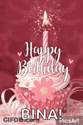 Pink Cupcake With Candle Saying Happy Birthday Bina GIF