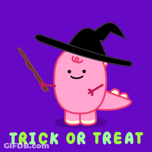 Pink Dino With Black Hat Holding Magic Wand For Trick Or Treat GIF