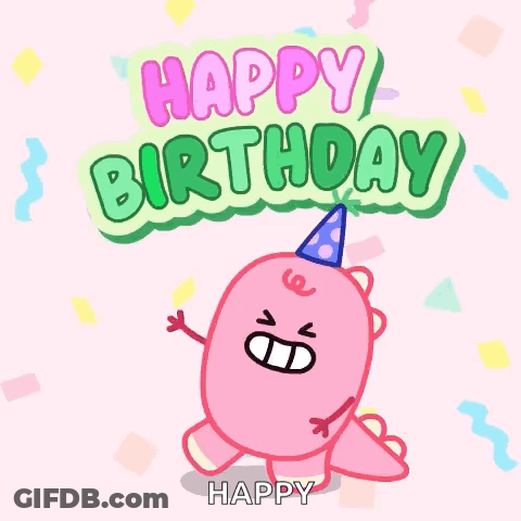 Pink Dinosaur In Party Hat With Happy Birthday Sign GIF