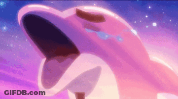 Pink Dolphin Swimming With Mouth Open Purple Background GIF