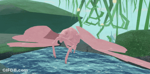 Pink Dragonfly Flying Over River With Trees GIF