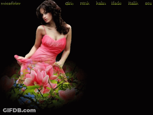 Pink Dress Woman Among Pink Flowers And Green Leaves GIF