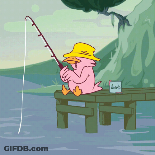 Pink Duck Fishing On Dock GIF