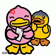 Pink Duck Holding Phone Next To Yellow Duck GIF