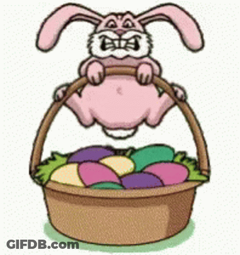 Pink Easter Bunny Jumping Into Basket Of Eggs GIF