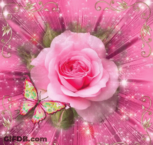 Pink Floral With Flapping Butterfly GIF
