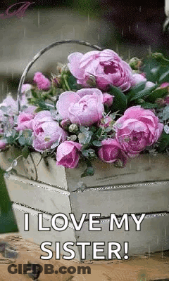 Pink Flowers Basket With I Love My Sister GIF