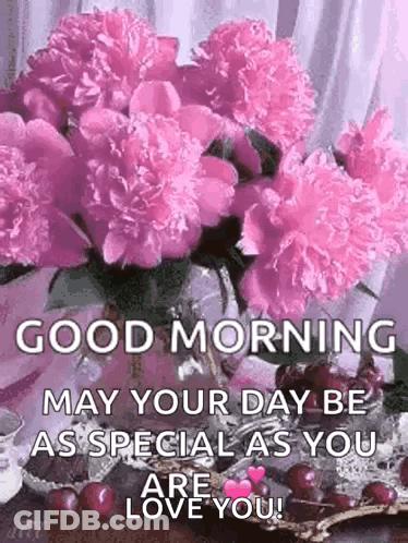 Pink Flowers Bouquet With Good Morning Message GIF