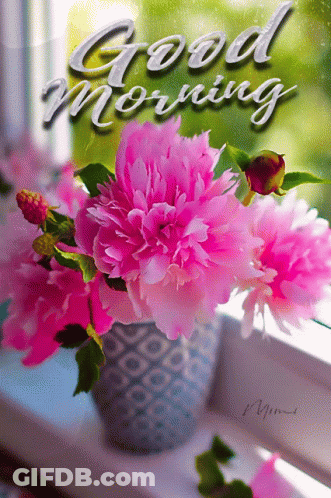 Pink Flowers In Vase Saying Good Morning GIF
