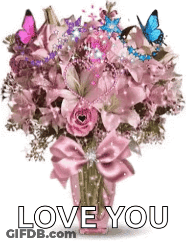 Pink Flowers In Vase With Butterflies GIF