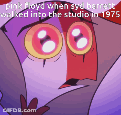 Pink Floyd When Syd Barrett Walked Into The Studio In 1975 Written On A Cartoon Character GIF