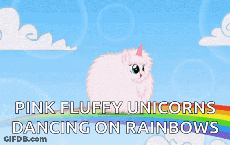 Pink Fluffy Unicorns Dancing On Rainbows With White Text GIF