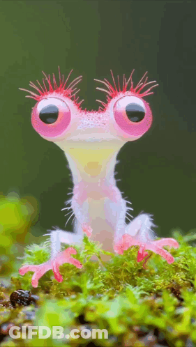 Pink Frog With Big Eyes On Mossy Surface GIF
