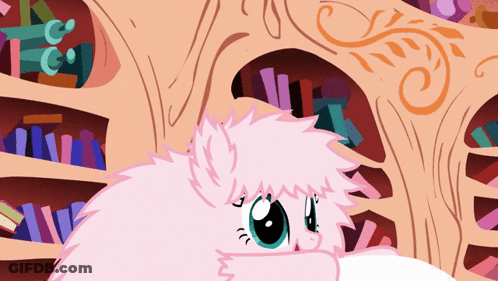 Pink Furry Animal Looking Out Of Bookshelf GIF