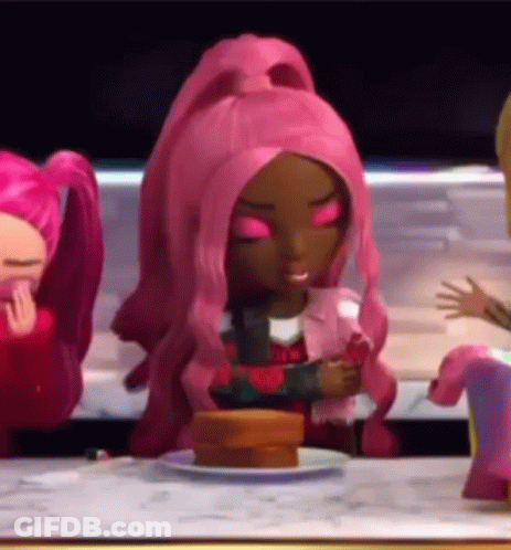 Pink Hair Doll At Table With Food Sandwich GIF