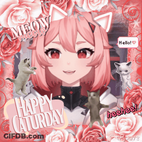 Pink Hair Girl Among Cats Roses Happy Saturday GIF