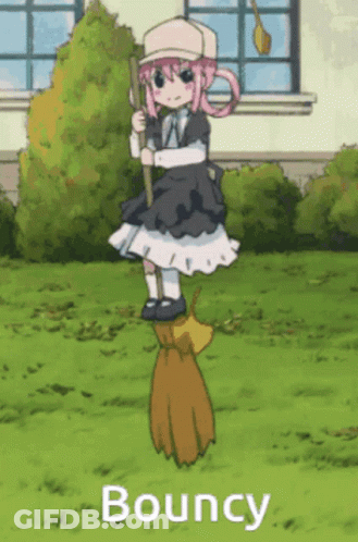 Pink Hair Girl Bouncing On Broom GIF