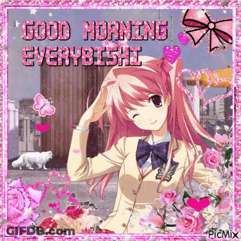 Pink Hair Girl Flowers Hearts Good Morning Everybishi GIF