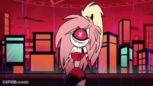 Pink Hair Red Eye Cartoon In Front Of City GIF