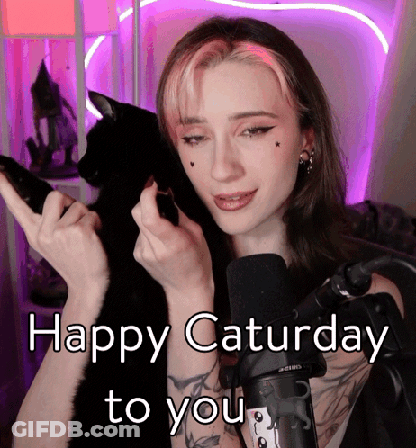 Pink Hair Woman Holding Black Cat Happy Saturday GIF
