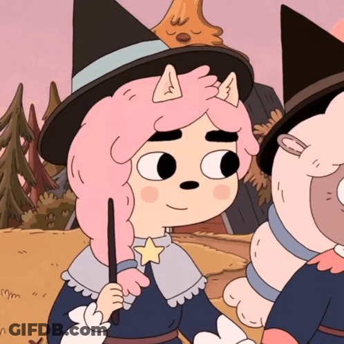Pink Haired Cartoon Character With Witch Hat Holding Wand GIF