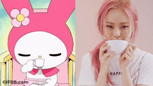 Pink-Haired Girl Drinking Cup Beside Cartoon Character GIF